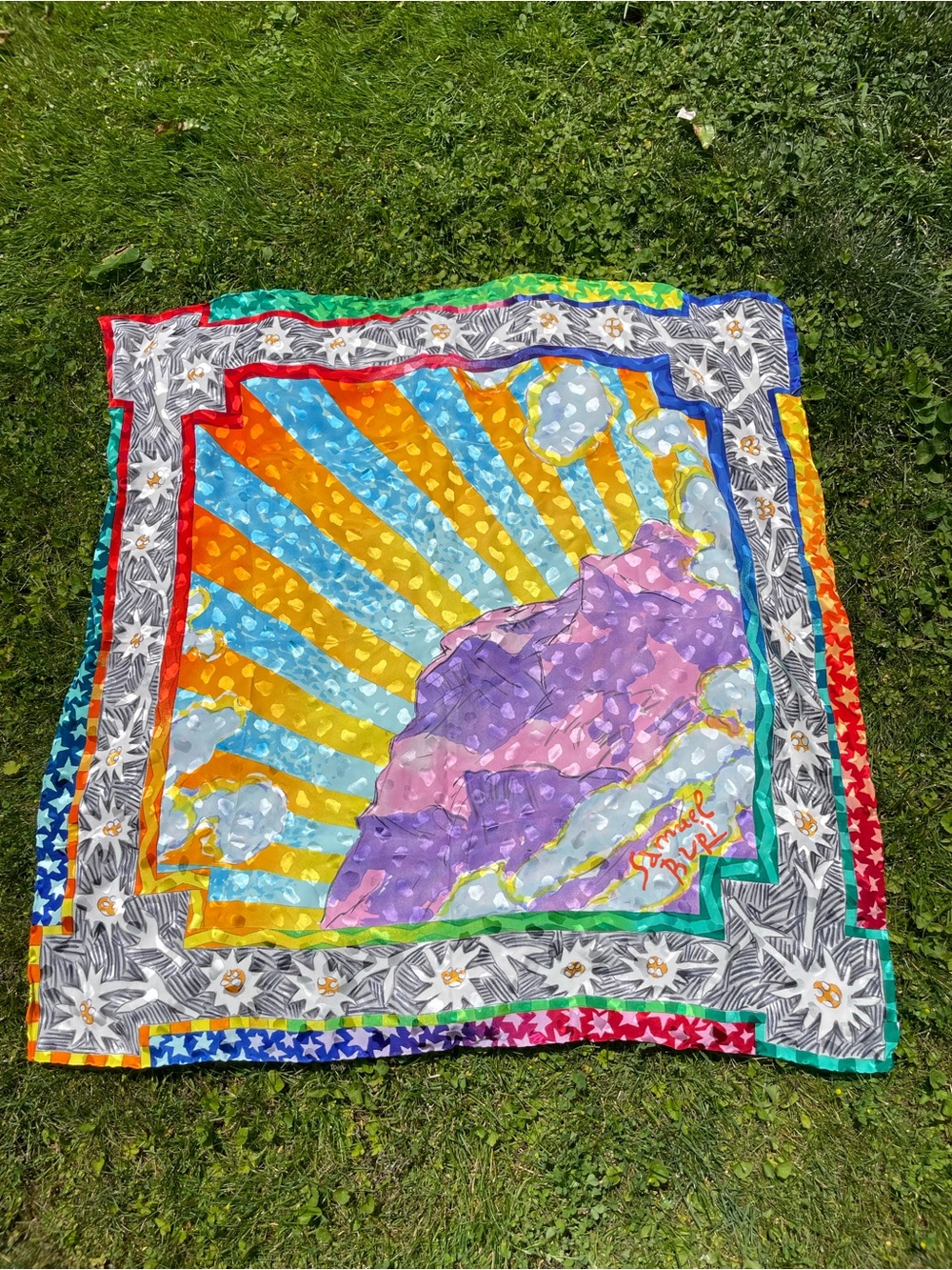 Vintage Samuel Buri Silk Scarf – Colorful Mountain & Sunburst Art Print